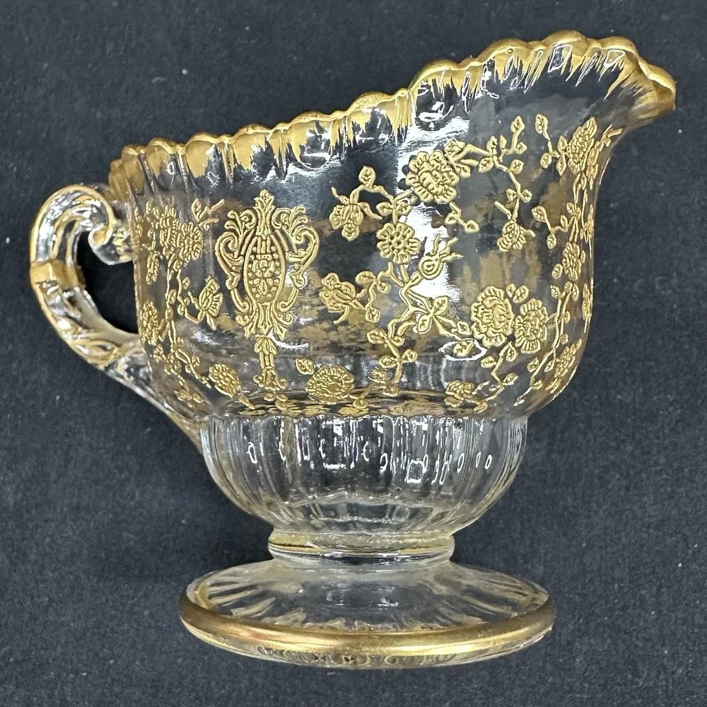Cambridge 'Rose Point' Cream & Sugar Set With Gold Encrusted Decoration, Vintage